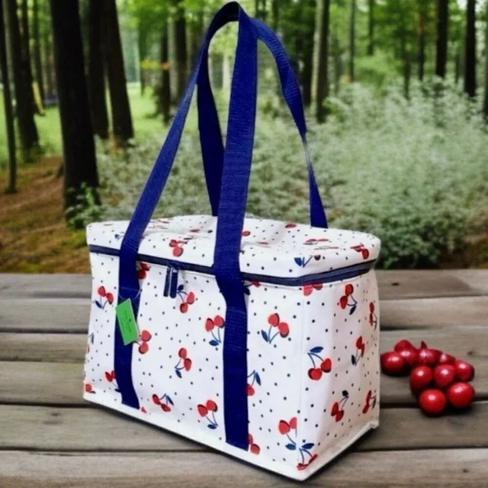 NWT Gorgeous Kate Spade White blue Red Cherries Print Large insulated cooler Bag